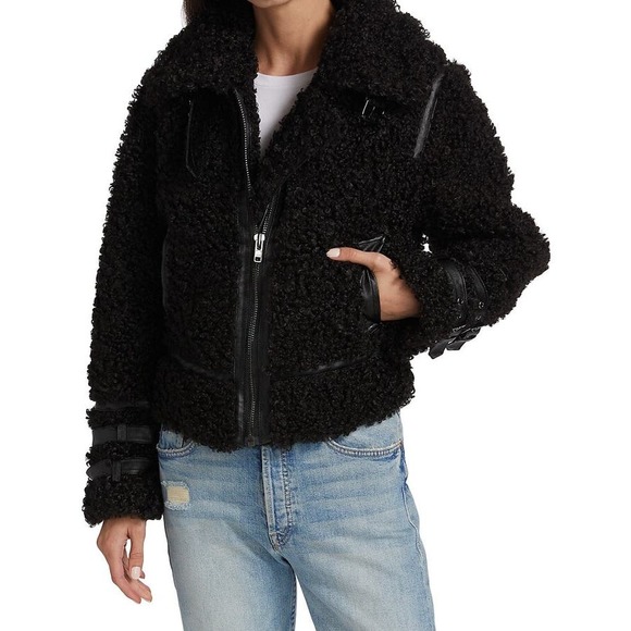 dh NEW YORK Jackets & Blazers - DH New York Palmer Teddy Bomber Jacket Leather Trim Full Zip Black Women's M